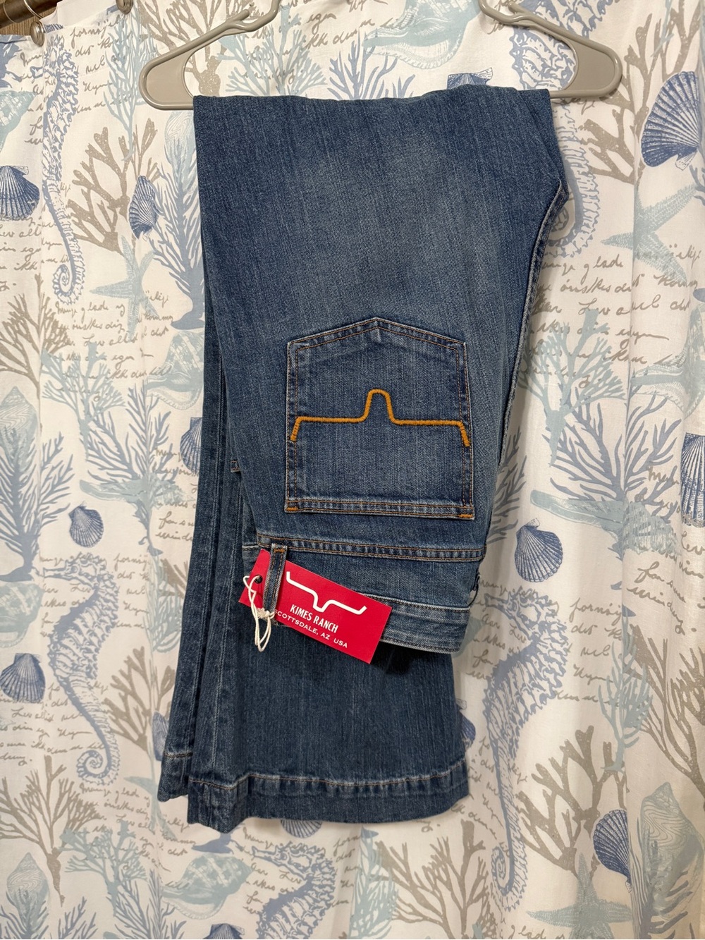 Kimes Ranch Medium Blue Straight-Leg Jeans with Yellow Pocket Detail